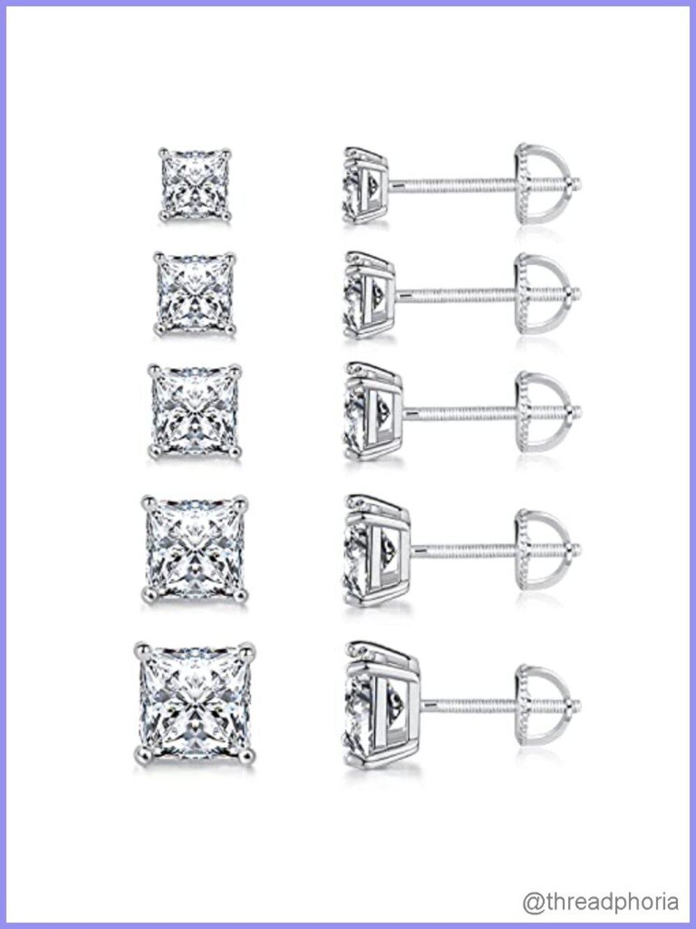 18K Gold Plated Princess Cut Cubic Zirconia Screw Back Stud Earrings 5 Pairs
